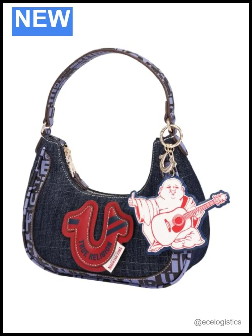 True Religion Hobo Bag Navy Shoulder Purse Women Denim Blend Gold Hardware